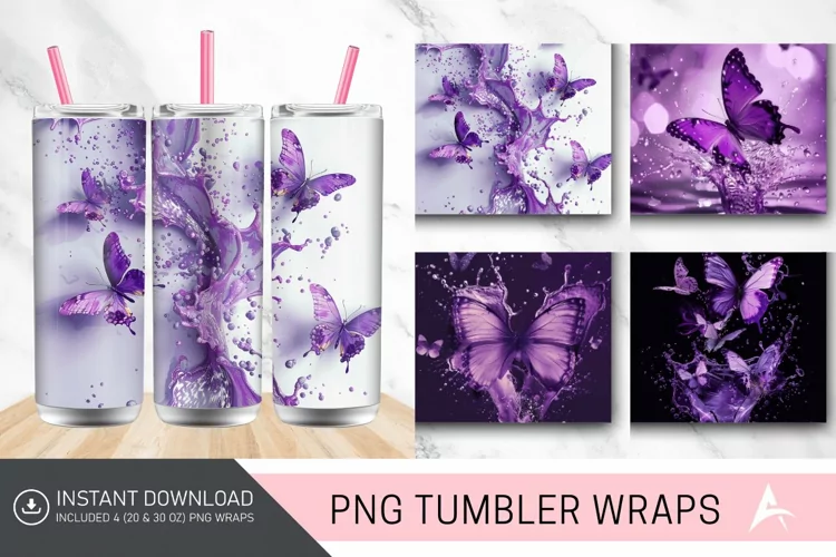 3D Purple Butterfly Splash Tumbler Wrap