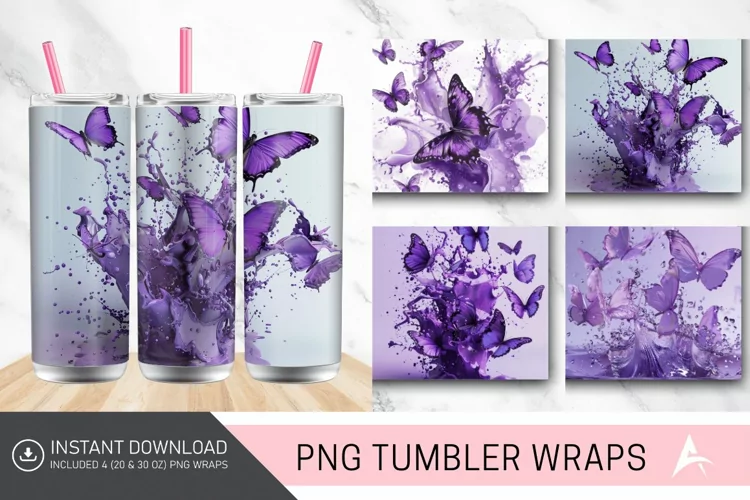 3D Purple Butterfly Splash Tumbler Wrap