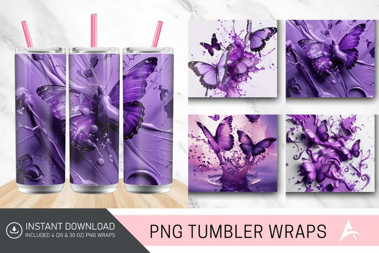 3D Purple Butterfly Splash Tumbler Wrap