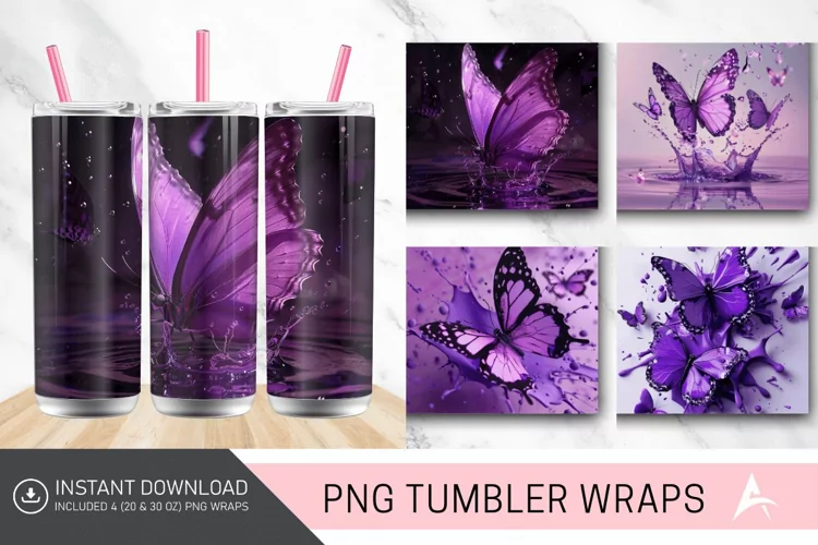 3D Purple Butterfly Splash Tumbler Wrap
