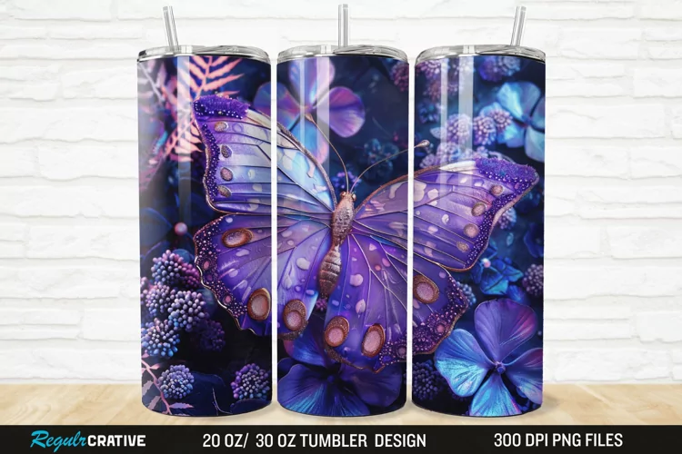 3D Purple Butterfly 20/30oz Skinny Tumbler