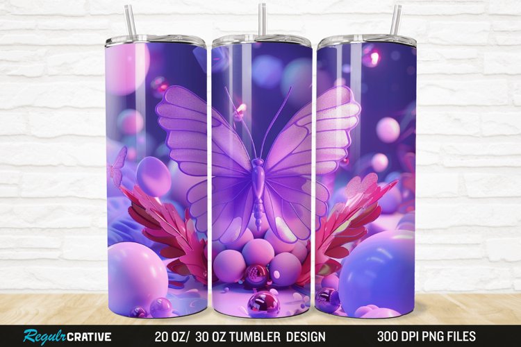 3D Purple Butterfly 20/30oz Skinny Tumbler example image 1