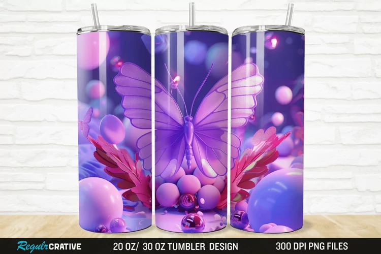 3D Purple Butterfly 20/30oz Skinny Tumbler