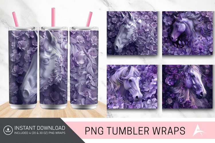 3D Purple Floral Horse Tumbler Wrap example image 1