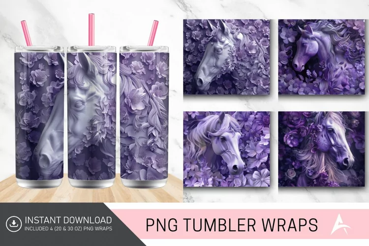 3D Purple Floral Horse Tumbler Wrap