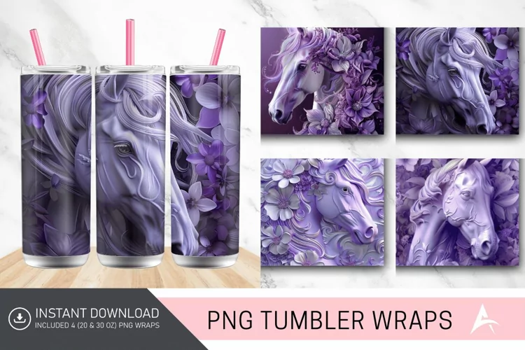 3D Purple Floral Horse Tumbler Wrap