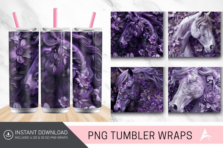 3D Purple Floral Horse Tumbler Wrap example image 1