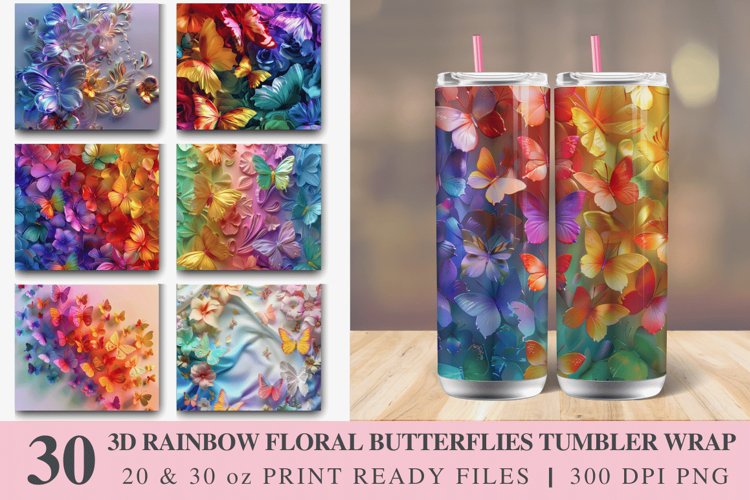 3D Rainbow Floral Butterflies Tumbler Wrap Bundle