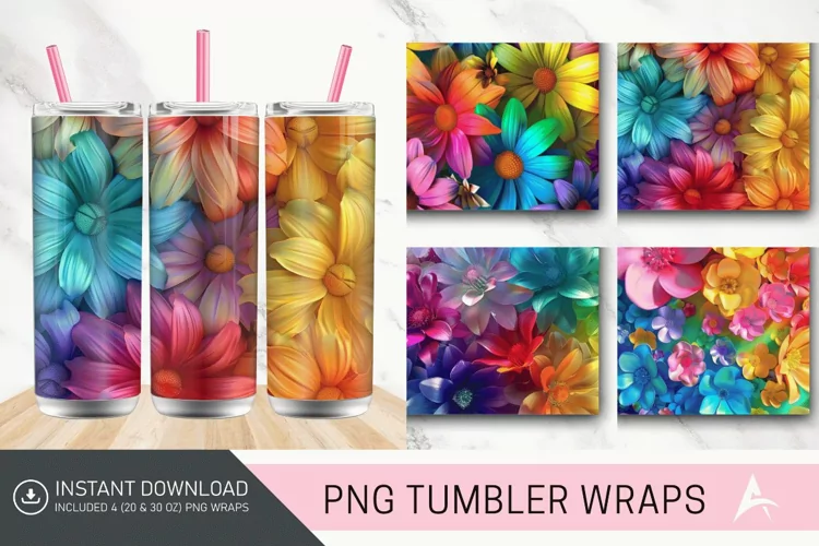 3D Rainbow Flowers Tumbler Wrap