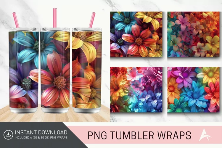 3D Rainbow Flowers Tumbler Wrap