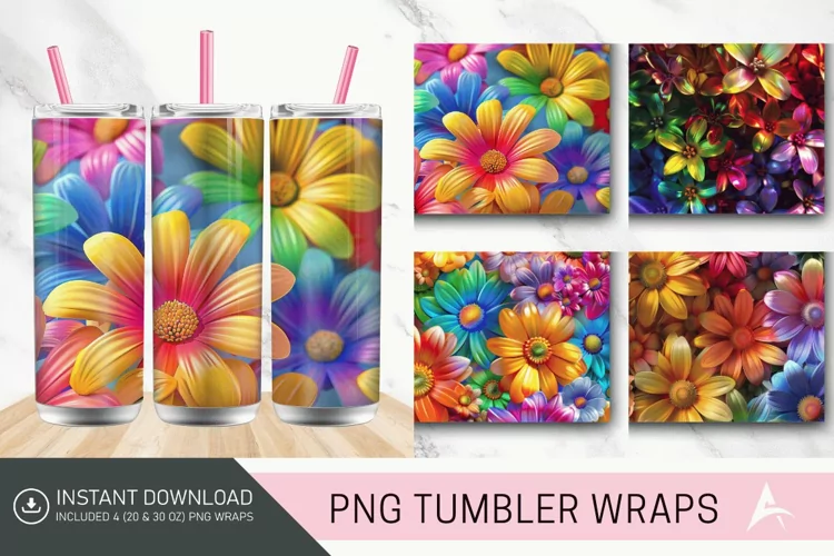 3D Rainbow Flowers Tumbler Wrap