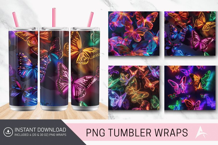 3D Rainbow Neon Butterflies Tumbler Wrap