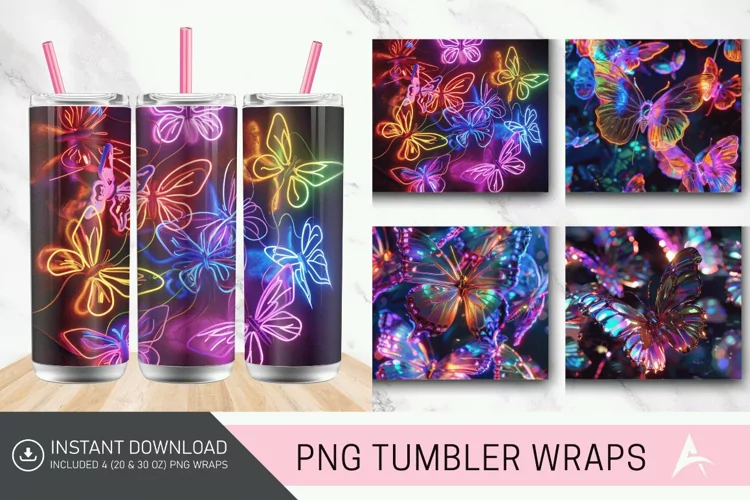 3D Rainbow Neon Butterflies Tumbler Wrap