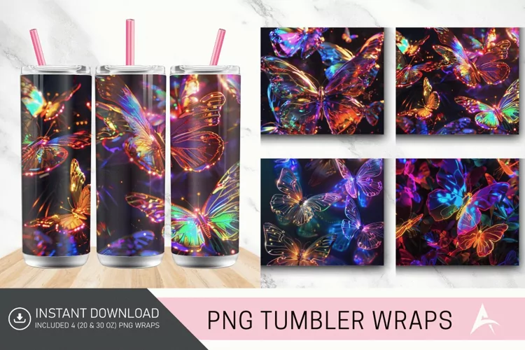 3D Rainbow Neon Butterflies Tumbler Wrap