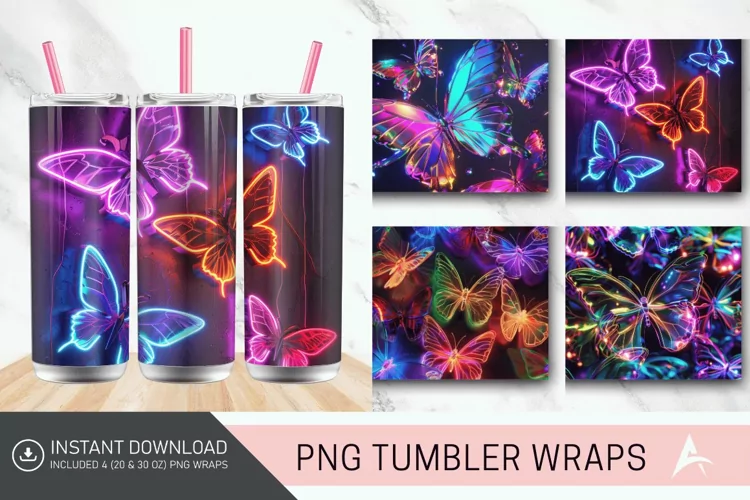 3D Rainbow Neon Butterflies Tumbler Wrap
