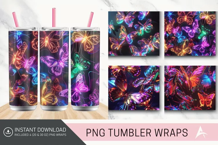 3D Rainbow Neon Butterflies Tumbler Wrap