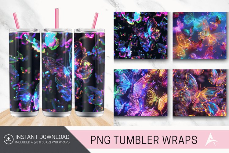 3D Rainbow Neon Butterflies Tumbler Wrap example image 1