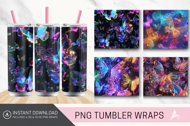 3D Rainbow Neon Butterflies Tumbler Wrap