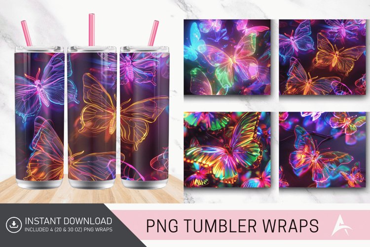 3D Rainbow Neon Butterflies Tumbler Wrap
