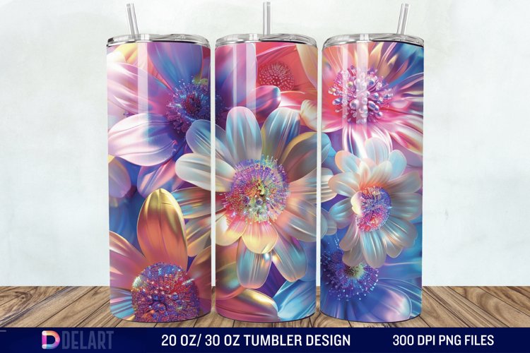 3D Rainbow vibrant glitter Floral Tumbler Wrap