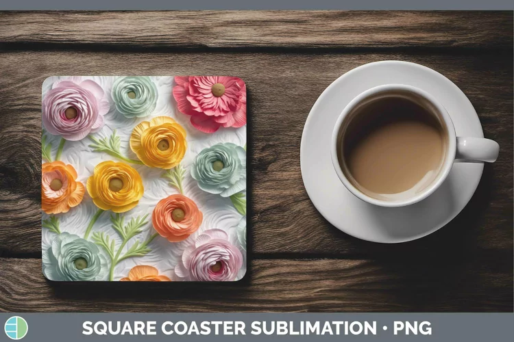 3D Ranunculus Square Coaster | Sublimation Coaster Designs