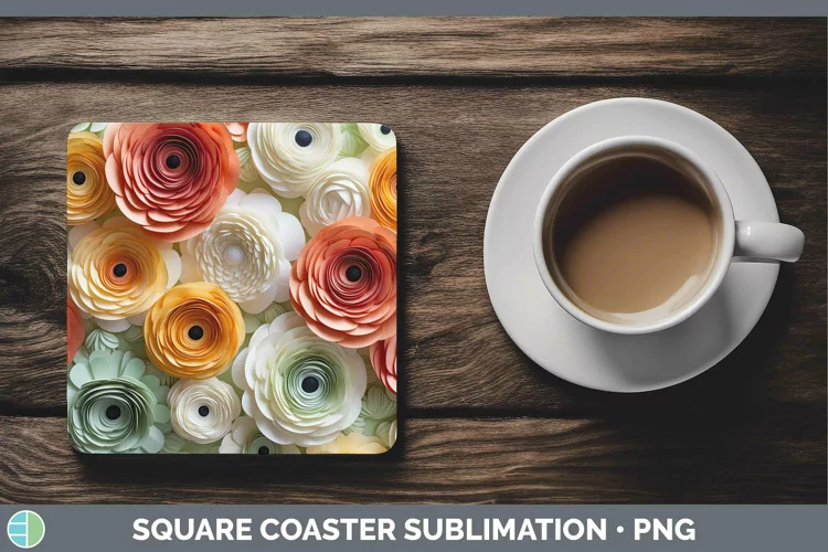 3D Ranunculus Square Coaster | Sublimation Coaster Designs