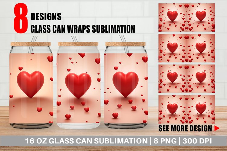 3D Red Heart Glass Can Wraps