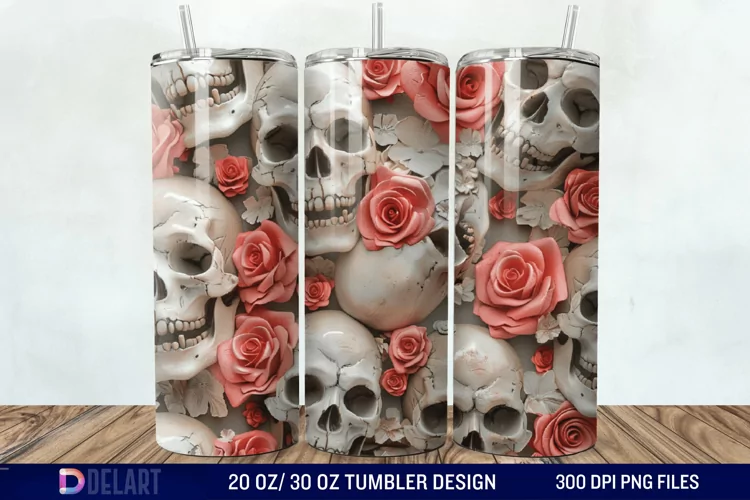 3D Roses and skulls Tumbler Wrap