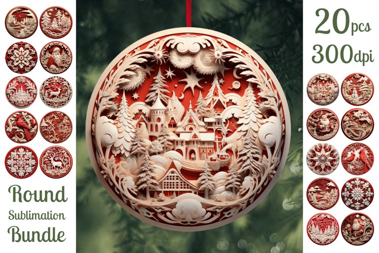 3D Round Christmas Ornaments Bundle Png / Wood Carving Png example image 1
