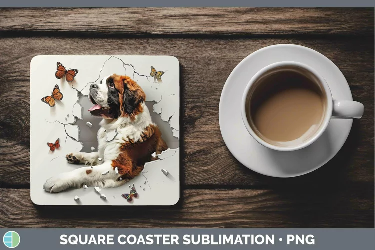 3D Saint Bernard Square Coaster | Sublimation Coaster Design