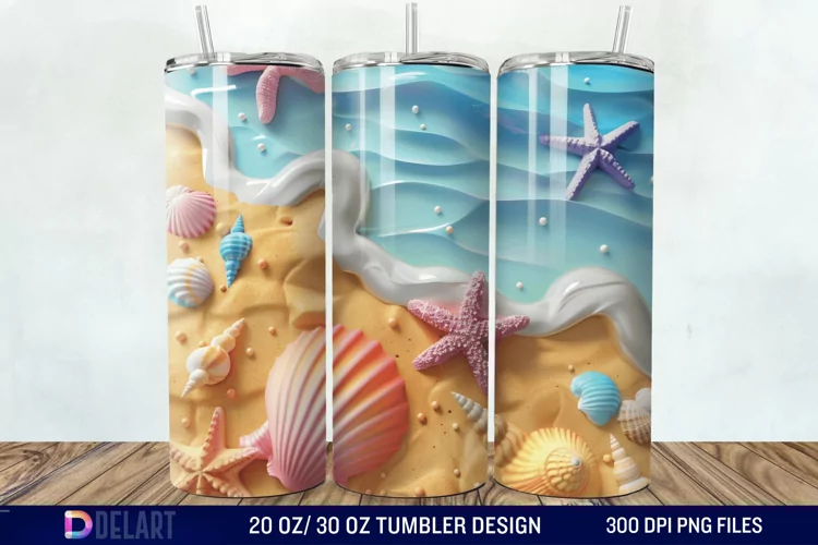3D Seashell Beach colorful Tumbler Wrap