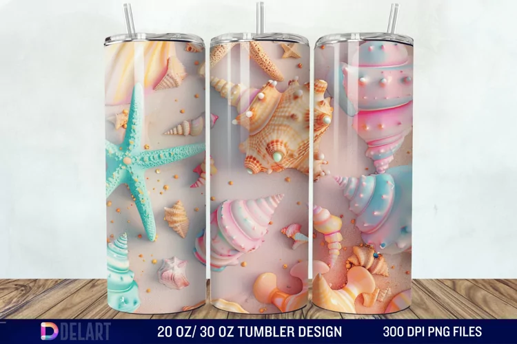 3D Seashell Beach colorful Tumbler Wrap