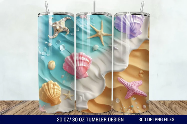 3D Seashell Beach colorful Tumbler Wrap