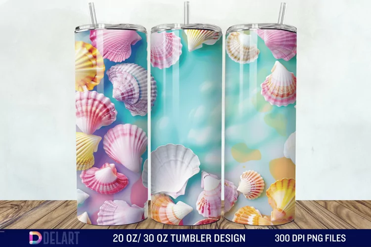 3D Seashell Beach colorful Tumbler Wrap