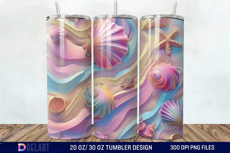 3D Seashell Beach colorful Tumbler Wrap