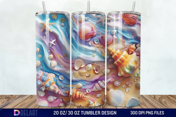 3D Seashell Beach colorful Tumbler Wrap