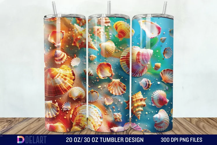 3D Seashell Beach colorful Tumbler Wrap