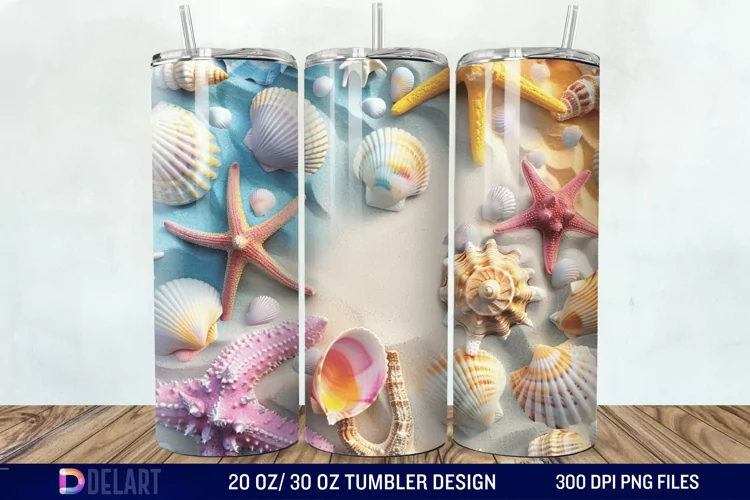 3D Seashell Beach colorful Tumbler Wrap