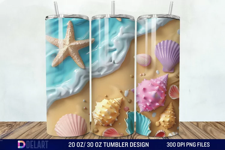 3D Seashell Beach colorful Tumbler Wrap