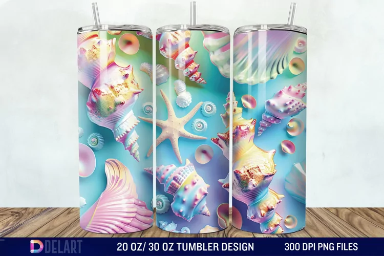 3D Seashell Beach colorful Tumbler Wrap