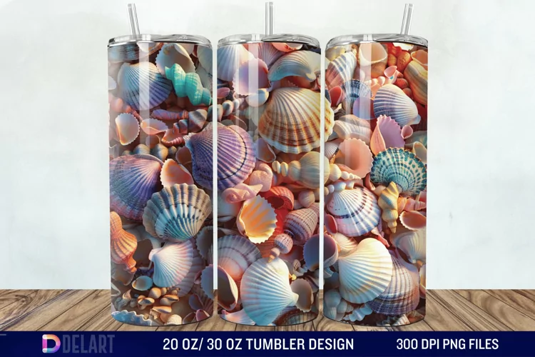 3D Seashell Beach colorful Tumbler Wrap