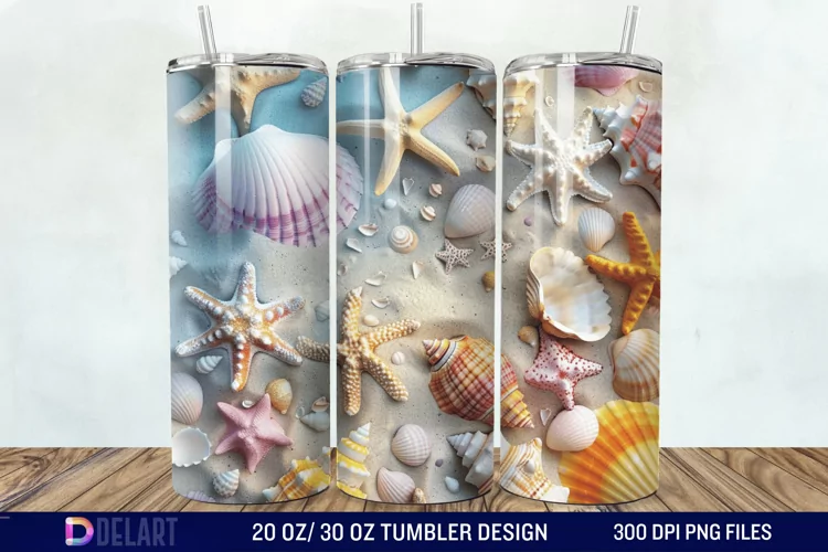 3D Seashell Beach colorful Tumbler Wrap