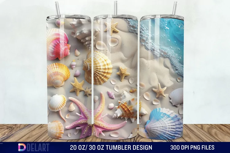 3D Seashell Beach colorful Tumbler Wrap