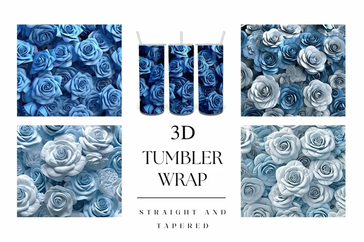 20oz 3D Blue Rose Floral Tumbler Wrap Sublimation Design Set