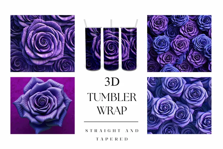 20oz 3D Purple Rose Floral Tumbler Wrap Sublimation Design