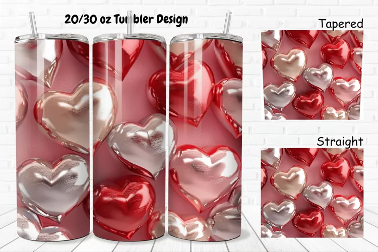 3D Shiny Puffy Hearts Valentine's Day 20/30oz Skinny Tumbler