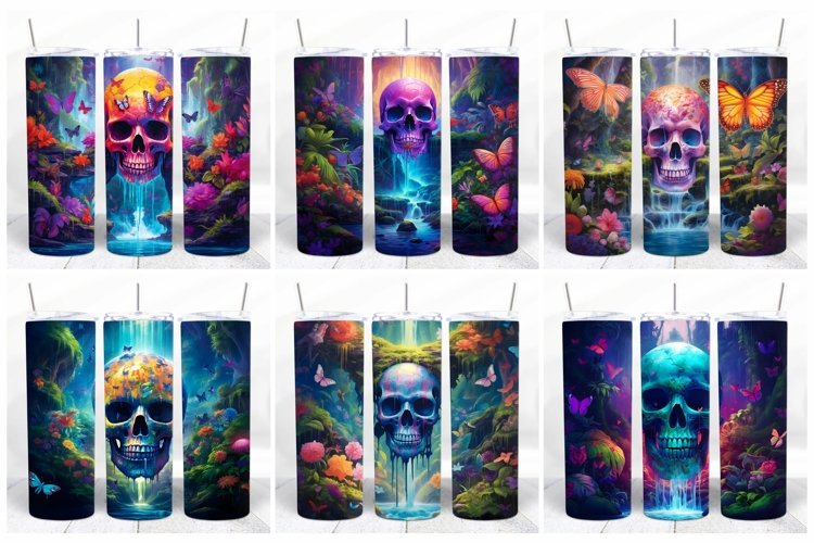 3D Skull 20 oz Skinny Tumbler Wrap Designs | Sublimation PNG