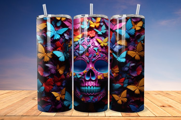 3D Skull And Butterflies 20oz/30oz Skinny Tumbler example image 1