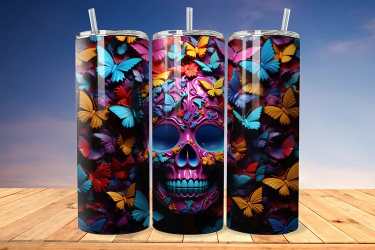 3D Skull And Butterflies 20oz/30oz Skinny Tumbler