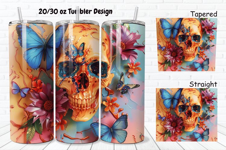3D Skull Butterflies 20/30oz Skinny Tumbler example image 1